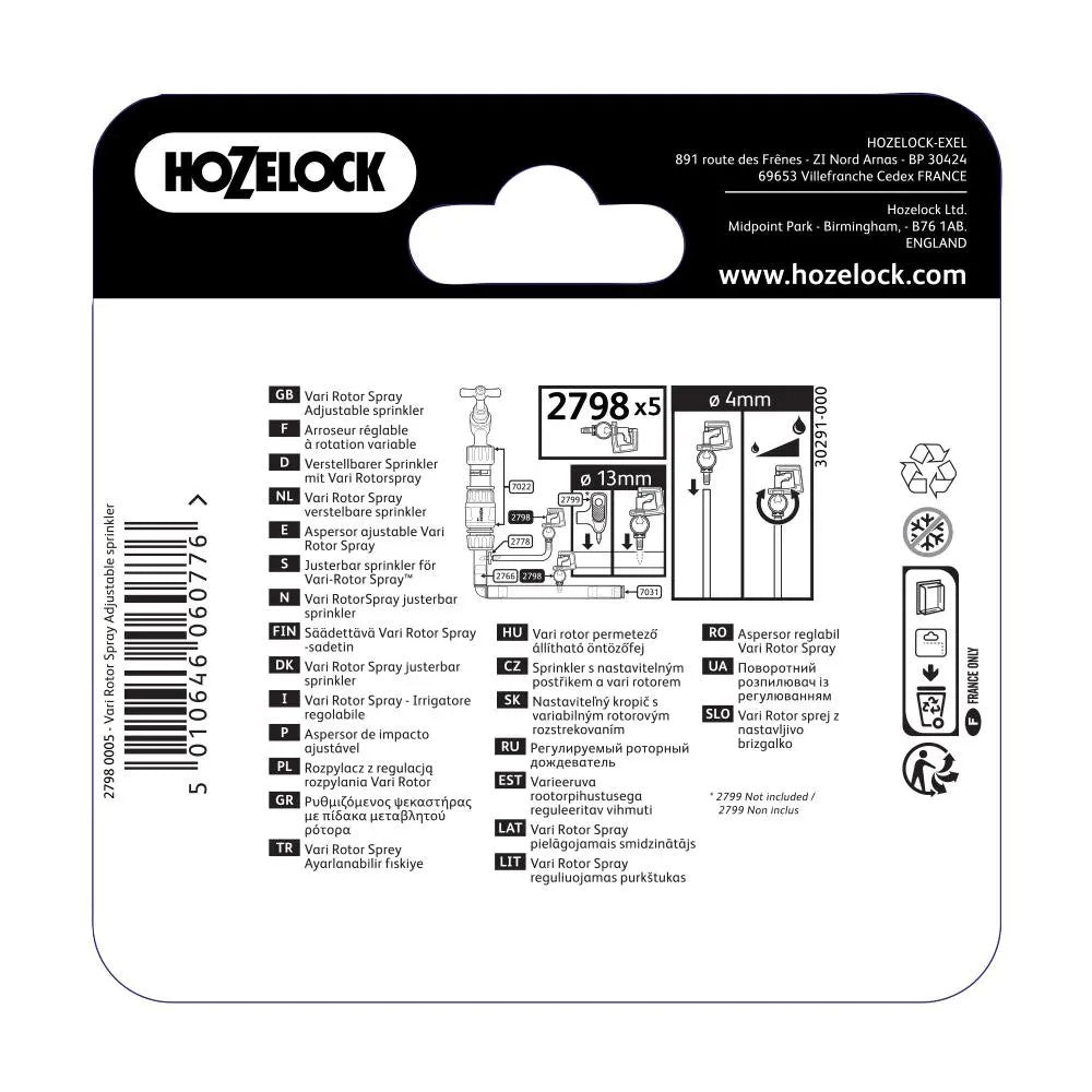HOZELOCK 2798 VARI ROTOR SPRAY ADJUSTABLE SPRINKLER 360° 5PC