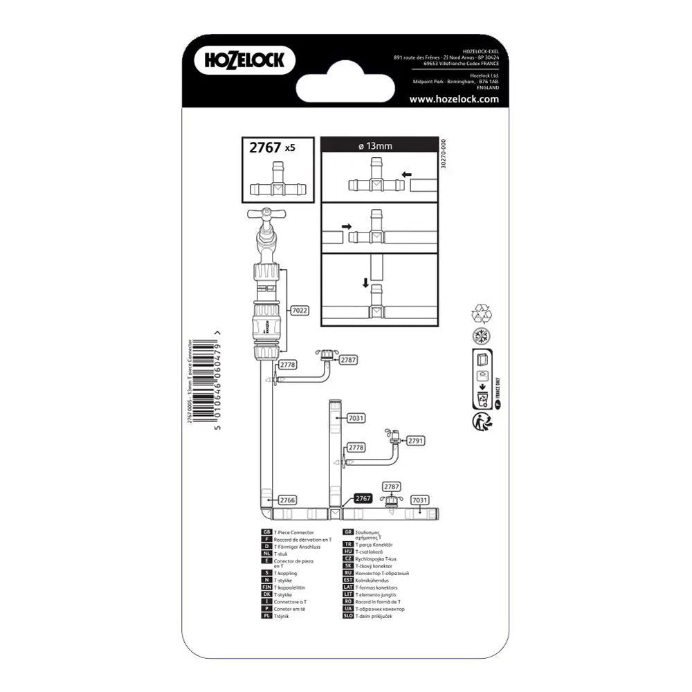 HOZELOCK 2767 'T' PIECE CONNECTOR 13MM 5PC