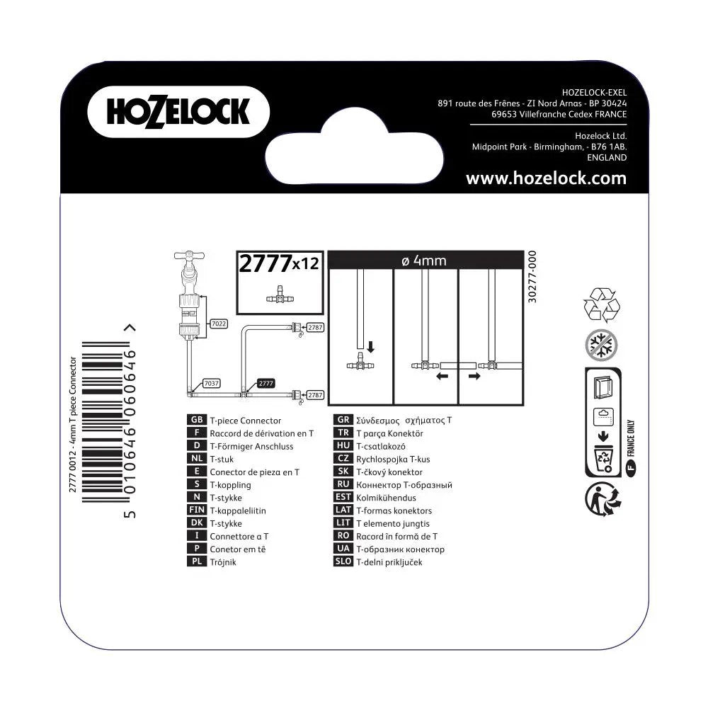 HOZELOCK 2777 'T' PIECE CONNECTORS 4MM 12PC