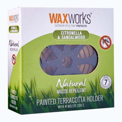 Waxworks Painted Terracotta Holder with Citronella & Sandalwood Mozzie Coils (4s)