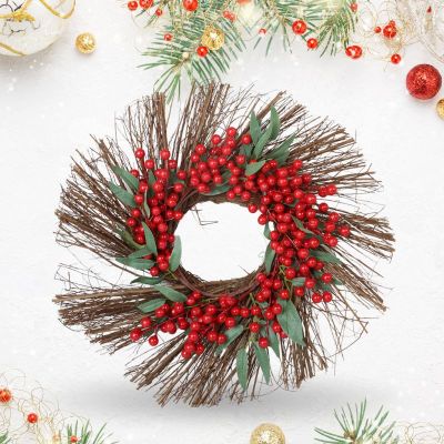 9213-12 XMAS DECO - YULE RED HOLLIES STRAW WREATH [SFXACC] 60CM  1PC/OPP