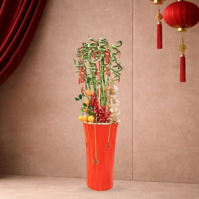 CURLY BAMBOO 80CM 8 STK-弯竹 (TB) IN CERAMIC TALL POT RED (S) 30 X 55CM 2547红 (TB)